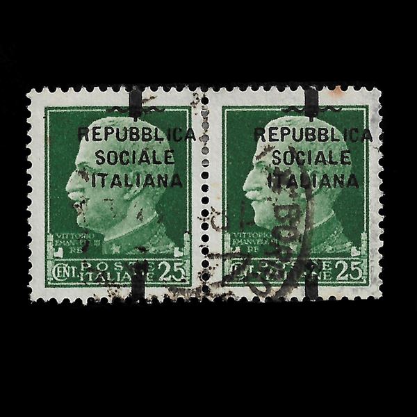 1944. 25 c. band, used pair with overprint moved up (Sassone 491pd), Florence edition