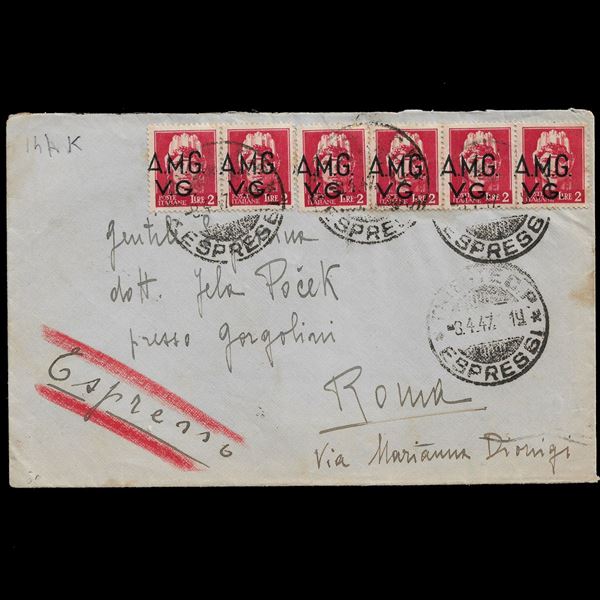 1947 Lettera espressa da Trieste a Roma affrancata con 6 esemplari del 2 lire rosso, Italia turrita senza fasci (Sassone 14hk)