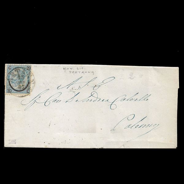 1865. Lettera da Partanna  (punti 5) a Palermo, affrancata con  20 c su 15 c (Sassone n. 25)"ferro di cavallo". Al verso annulli di Calatafimi e Palermo.