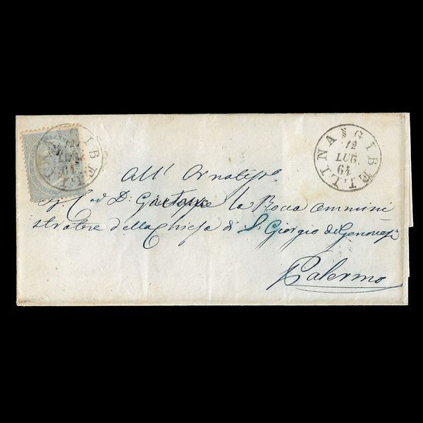 1864. Lettera da Gibellina a Palermo del 12/7/1864 affrancata con 15 c.  (Sassone n. L18). Annullo pregiato per il periodo.
