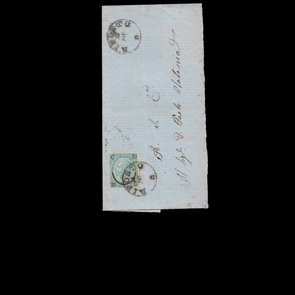 1865. Grosso frammento di lettera da Riposto ( P3)  affrancato con 20 c. su 15 c. I° tipo /Sass. 23)