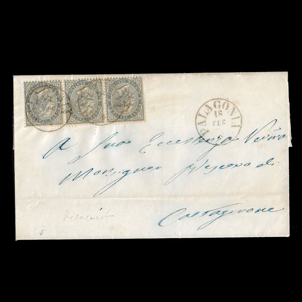 1863. Lettera da Palagonia (P6) a Caltagirone affrancata con striscia  orizzontale di tre del 5 c. (Sassone n. L16)