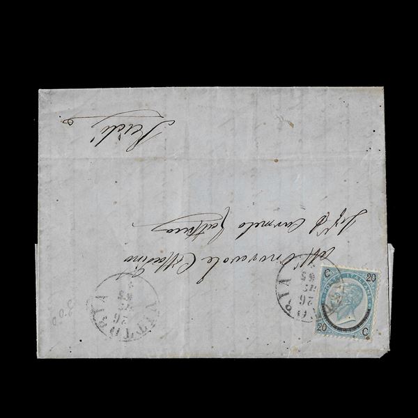 1865. Lettera da Vittoria (P6) a Scicli del 26/06/1865 affrancata con 20 c. su 15 c. "ferro cavallo" III° tipo.