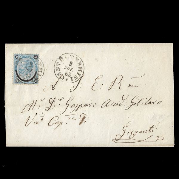 1865. Lettera da Casteltermini (P4) a Scicli affrancata con 20 c. su 15 c. "ferro di cavallo" III° tipo.
