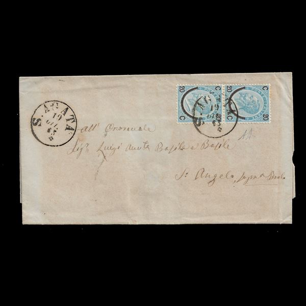 1866. Lettera da S.Agata (P.5) a Messina, affrancata con coppia orizzontale del 10 c. giallo (Sassone T17)
