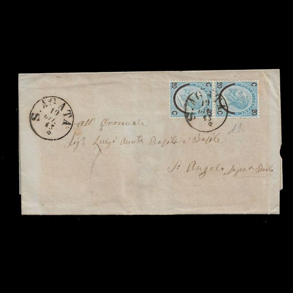 1866. Lettera da S.Agata (P.5) a Messina, affrancata con coppia orizzontale del 10 c. giallo (Sassone T17)