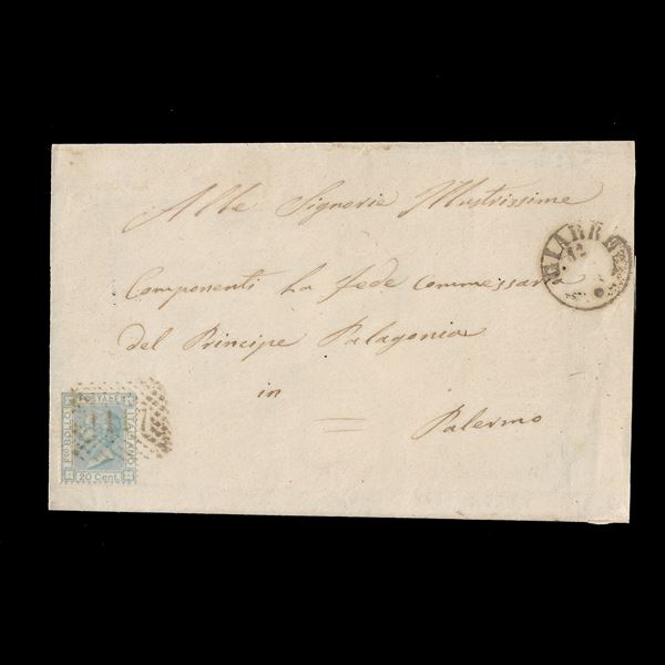 1868. Lettera da Giarre a Palermo, timbro a punti del 12/01/1868 su 20 c. L26. Al verso timbro lineare di transito Fiumefreddo