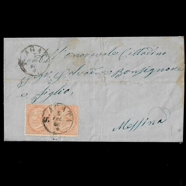 1866. Lettera da S.Agata (P.5) a Messina, affrancata con coppia  verticale  del 20 c.  Su 15 c. azzurro "ferro di cavallo" I° tipo (Sassone 23)