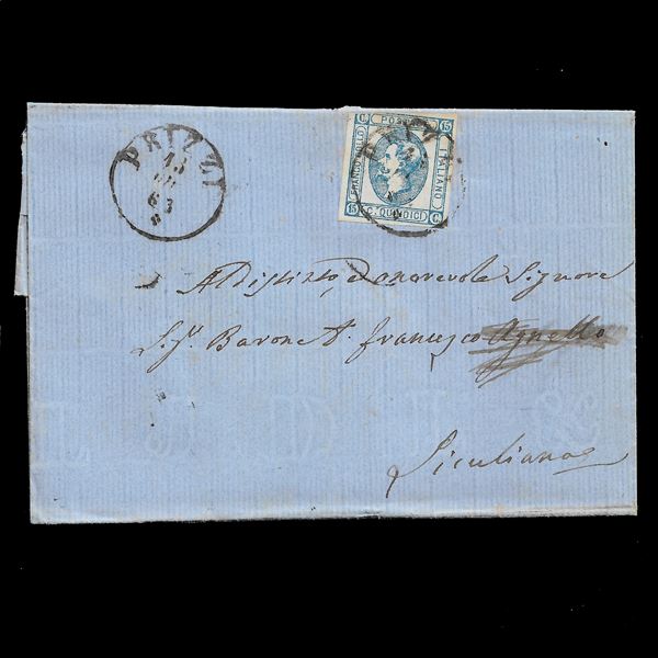 1863. Lettera da Prizzi ( P.7) a Siculiana, affrancata con 15 c. litografico I° tipo (Sassone n. 12)