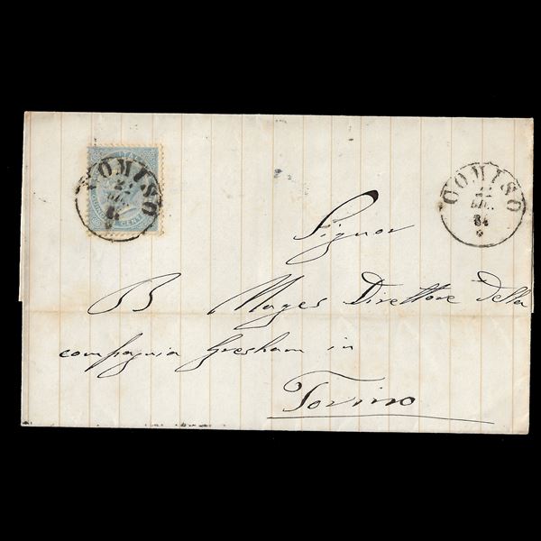 1864. Lettera da Comiso (P.4) a Torino affrancata con 15 c. azzurro (Sassone L.18)