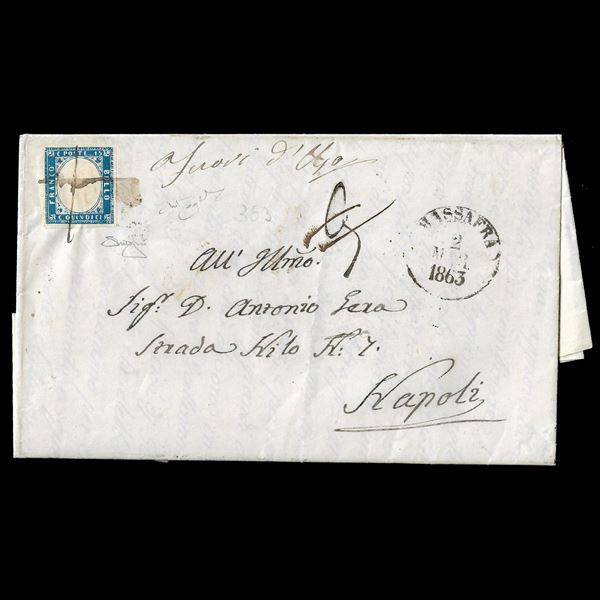 1863, 15 cent. Azzurro chiaro tipo "Sardegna" (Sass. 11a) su lettera del 2 marzo 1863 da Massafra a Napoli. Francobollo annullato a penna. Tassata e detassata. Firme peritali, cert. Raybaudi. In buono stato.