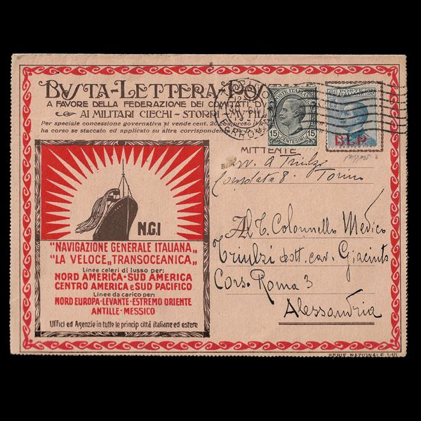 1921. Busta Lettera Postale BLP, serie nazionale da Torino ad Alessandria, affrancata con 25 cent. Azzurro (Sass. N. 3) e 15 cent Leoni (Sass. 108). Perfetta, cert. Caffaz.
