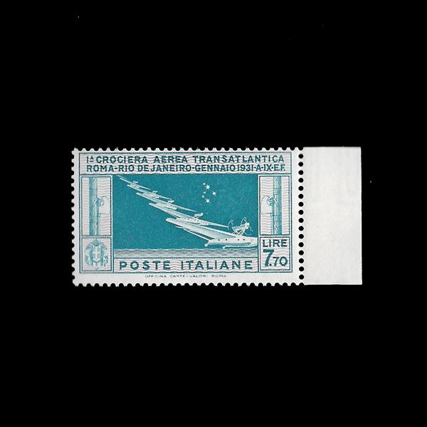 1930. L.7,70 Crociera Transatlantica (Sas. N. 25), nuovo con gomma integra, bordo di foglio a destra, firmato  per esteso e timbrino Bolaffi.