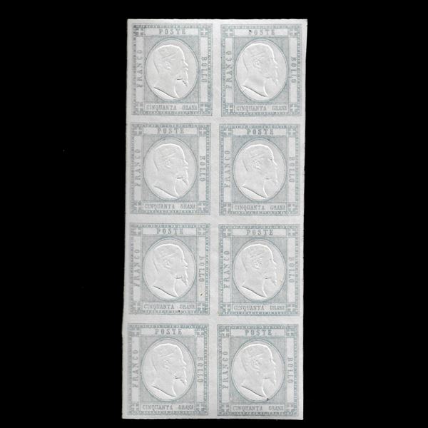 1861. Emissione per le Province Napoletane. 50 gr. Grigio , blocco verticale di otto, ben marginato MNH. Doppia firma Raybaudi e Diena