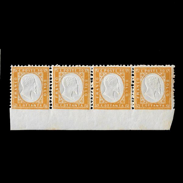 1862. King Victor Em. II. 80 c. orange yellow (Sass. n. 4) horizontal stripe of four not notched at the bottom MNH, signature Alberto Diena