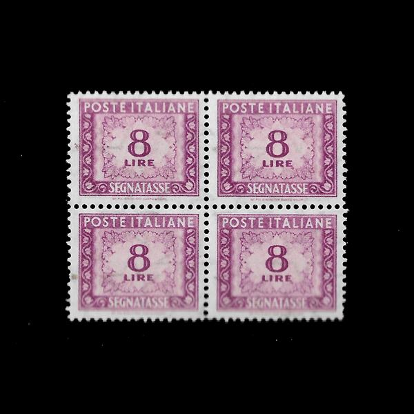 1955/81. 8 lire postage due fil stelle (Sass. 112) in block MNH, signed Ray