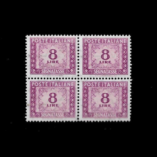 1955/81. 8 lire segnatasse fil stelle  (Sass. 112) in quartina MNH, firmata Ray