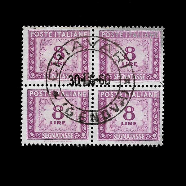 1955/81. 8 lire postage due fil stelle (Sass. 112) in used block of fours, centered Chiavari postmark dated 06/30/1960, signed Ray