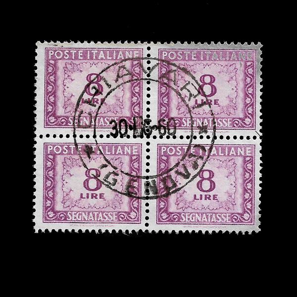 1955/81. 8 lire segnatasse fil stelle  (Sass. 112) in quartina usata, bollo centrato  di Chiavari del 30/06/1960, firmata Ray
