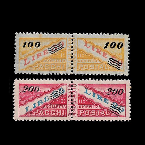 1948/50. Francobolli per pacchi soprastampati. 100 lire su 50 l. e lire 200 su 25 l. (Sass. N. 33/34) ben centrati. Puntino sul retro del 100 lire.MNH