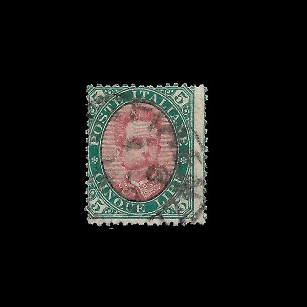 1889. 5 lire, verde e carminio usato (Sass.n. 49). Annullo originale, siglato Enzo Diena.