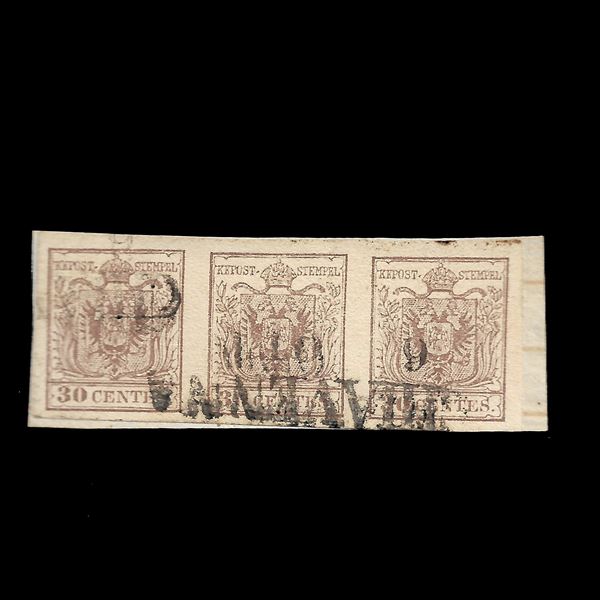 1850. 30 c. bruno lillaceo (Sassone n.9) striscia  orizzontale di tre, ben marginata su frammento. Firmata  Raybaudi. Minimo frammento