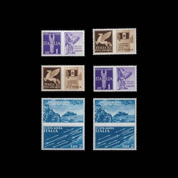 1942.War propaganda, not issued by Air Mail. 50 c. brown, 1 l. violet, 2 l. sky blue. (Sass. 12A/C. Two complete series excellently centred. MNH