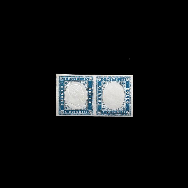 1863. 15 c. azzurro, coppia con un esemplare senza effigie. (Sass. 11n) Firmata Raybaudi