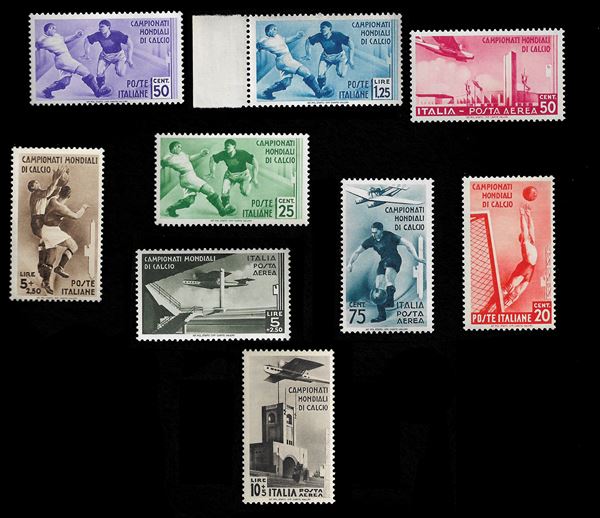 1934. 2nd World Football Championship. Complete series, P/O + P/A 9 val. (Sass. S.73) MNH, Excellently centred.