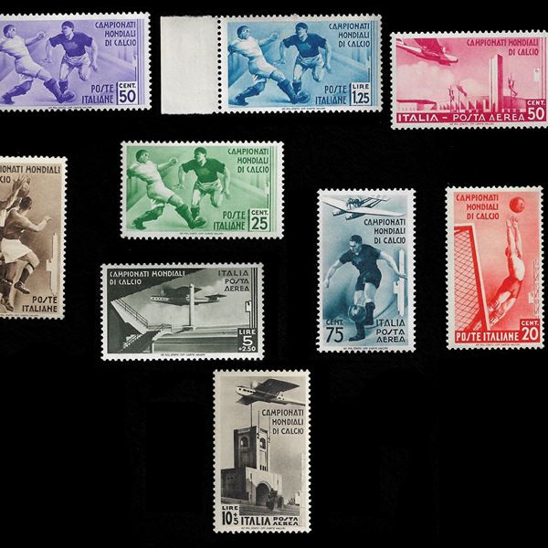 1934. 2° Campionato mondiale di calcio. Serie completa, P/O + P/A 9 val. (Sass. S.73) MNH, Ottimamente centrata.