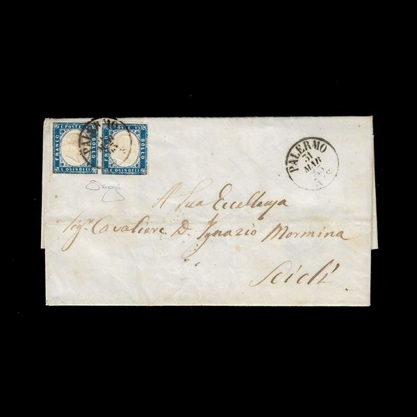 1865. 20c. Ferro di cavallo II° tipo ( sass. N.24) striscia verticale di tre su lettera da Mottola a Napoli . Firmata Vignati