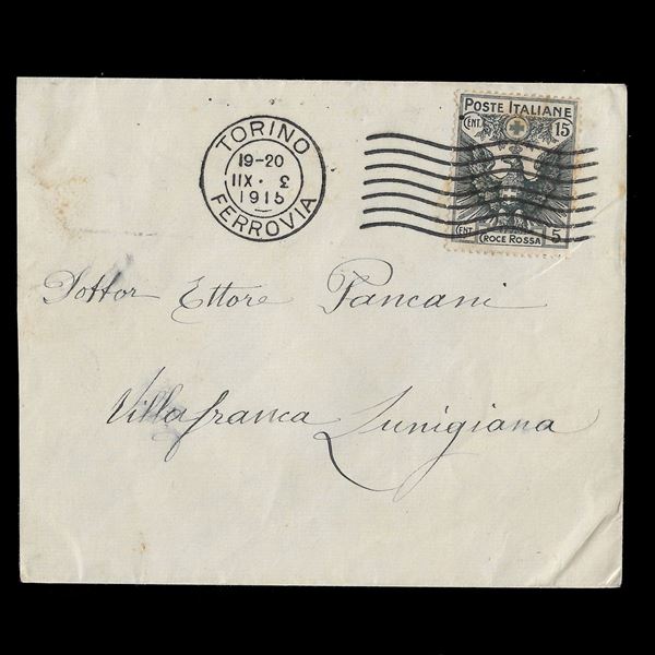 1915/16. 15 c. +5 c. grigio. Pro Croce Rossa. (Sass. N.103) su busta da Torino a Villafranca Lunigiana  del 3/12/1915. Annullo con data capovolta.