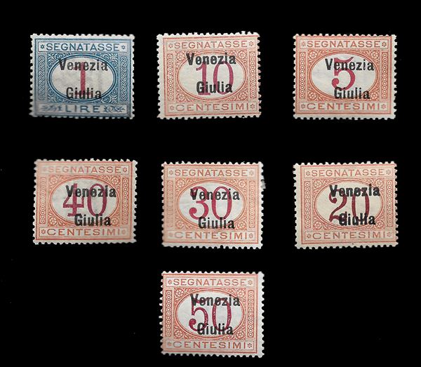 1918. Italian tax postmarks from 1890/1903 overprinted "Venezia Giulia". (Sass. N. 1/7). Numbers 5 - 6 - 7 bear expert certification. Lingulate. Zappalà Cert