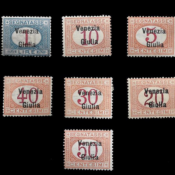 1918. Segnatasse d'Italia del 1890/1903  soprastampati "Venezia Giulia". (Sass. N. 1/7). I  numeri 5 - 6 - 7 recano certificazione peritale. Linguellati. Cert. Zappalà