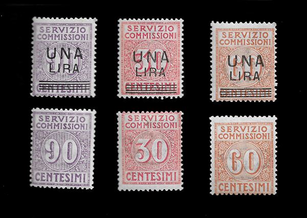 1913/25, servizio commissioni: serie "Cifra in un cerchio" + serie soprastampata (Sass. N. 1/3 + 4/6). MNH. Cert. Raybaudi.