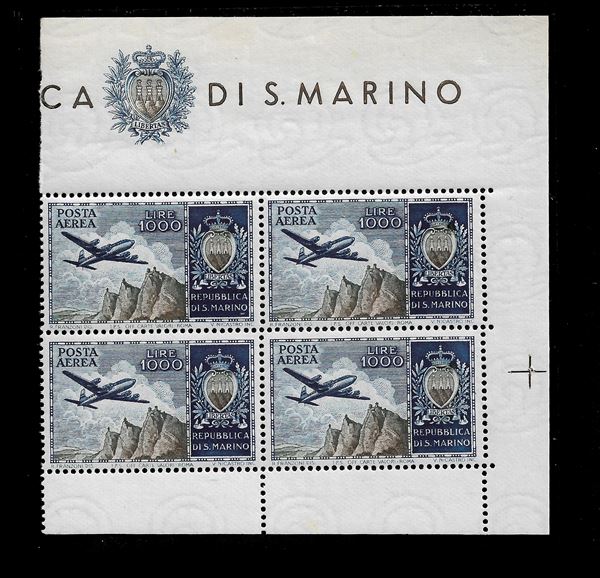 1954. 1,000 lire olive blue P/A (Sass. 112) in block of four from B/F 16. MNH.