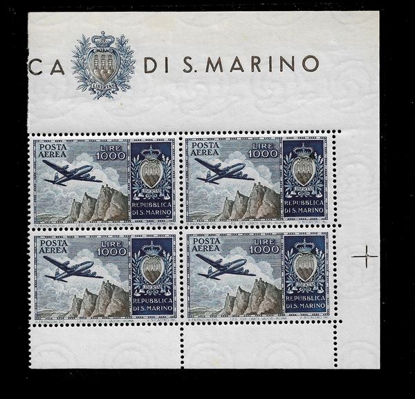 1954. lire 1,000 azzurro oliva P/A (Sass. 112) in quartina da B/F 16. MNH.