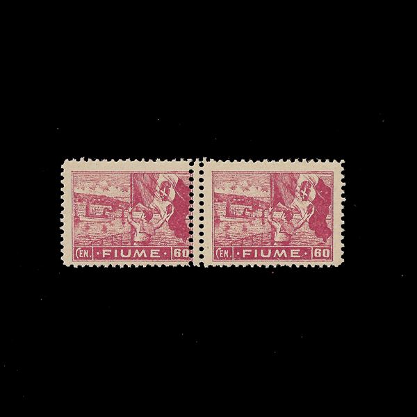 1919. coppia 60 cent. carminio "allegorie e vedute", con doppia dentellatura al centro. MNH .  (Sass. N. A43pa). Cert. Zappalà.
