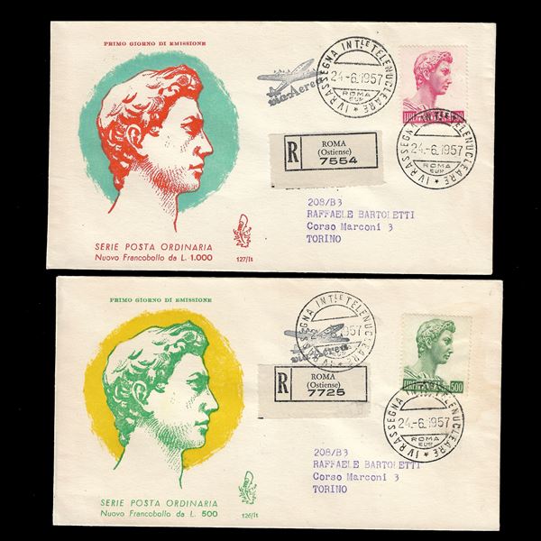 1957. San Giorgio di Donatello, 500 l. verde e 1,000 l. rosa carminio, (Sass. N. 810/11) isolati su FDC Venetia Club, "Raccomandate" da Roma Ostiense a Torino, spedite in data 24/6/57, timbro di ricezione al verso con data 25/06/57. Numerazione Venetia Cl
