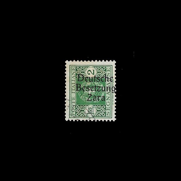 1943. Postage due with bundles, 2 l. green, used, rotogravure printing, fil. Reclining crown, dent 14 - Type II overprint "initials D and B in elzeviro" (Sassone n. 10). Overprint II type Peritale Zappalà.