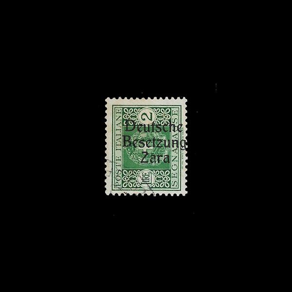 1943. Segnatasse con fasci , 2 l. verde, usato, stampa in rotocalco, fil. Corona coricata, dent 14 - Soprastampa del II tipo "iniziali D e B in elzeviro" (Sassone n. 10) . Soprastampa II tipo Peritale Zappalà.