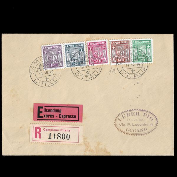 1944. Lettera raccomandata non in tariffa, da Campione a Lugano, 19/10/1944, affrancata con valori in franchi svizzeri, Prima tiratura, dent. 11-1/2, (Sass. 1a/5a) Firmata Vignati.