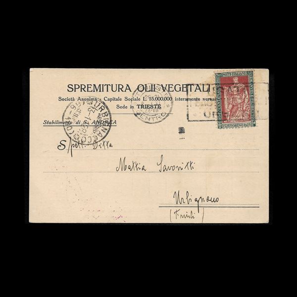 1928. 30 c. verde e bruno,  4° cent.nascita Em. Filiberto e 10° ann. Vittoria (Sass. N. 228) isolato su cartolina postale privata ,   da Trieste ad Urbignano del 3/11/1928