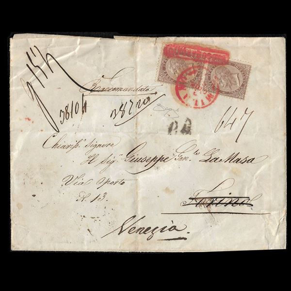 1863. Lettera da Milano a  Torino, reindirizzata a Venezia, affrancata con coppia verticale del 30 c. bruno, tiratura di Londra (Sassone L19) con i rari annulli "Milano rosso" (P9)  e "raccomandato in cartella" rosso (P12). Certificato oro Raybaudi.
