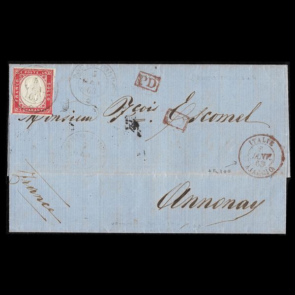 1863. 40 c. rosso vermiglio (Sass.n.16da) su busta, in tariffa per l'estero,  da Porto Torres a Annonay. Annulli di transito, bollo in cartella PD. Margini completi.