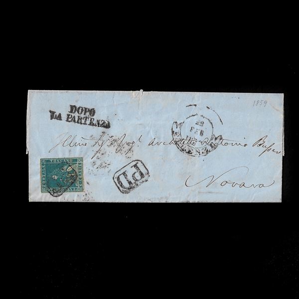 1861. 6 crazie ardesia su grigio (Sass. N. 7) ben marginato, su busta da Firenze a Novara. Annullato con bollo "PD" in cartella. Bollo accessorio "dopo la partenza".