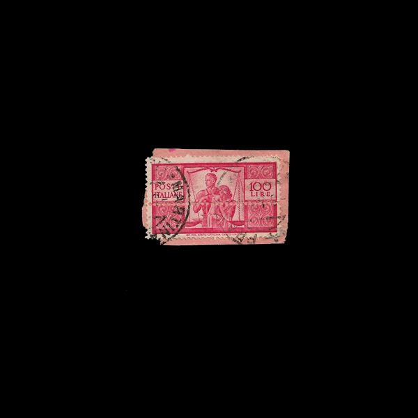 1945/48. 100 lire "Democratica" used on a small fragment with additional horizontal perforation. Expert initials E.Diena and Raybaudi.