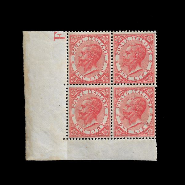 1863. 2 lire scarlatto chiaro, tiratura di Londra (Sass. L22). Blocco di quattro MNH, angolo di foglio inferiore sinistro.
