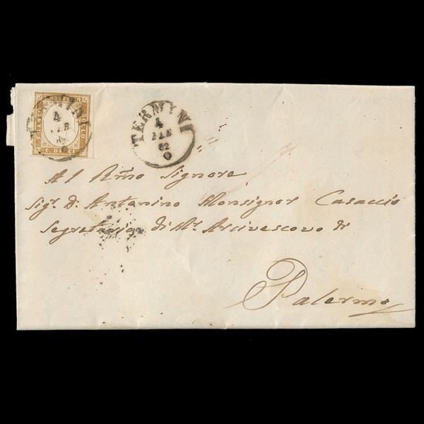 1862. 10 c. bistro, "Quarta emissione Sardegna" (Sass. N. 14c), su plico da Termini (P.7) a Palermo. Margini completi.