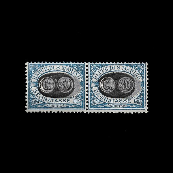 1931.  Segnatasse, coppia orizzontale del 40 c. su 10 c. azzurro (Sass.n. 42) con esemplare di destra che presenta il decalco della mascherina. MNH. Cert. Zappalà.